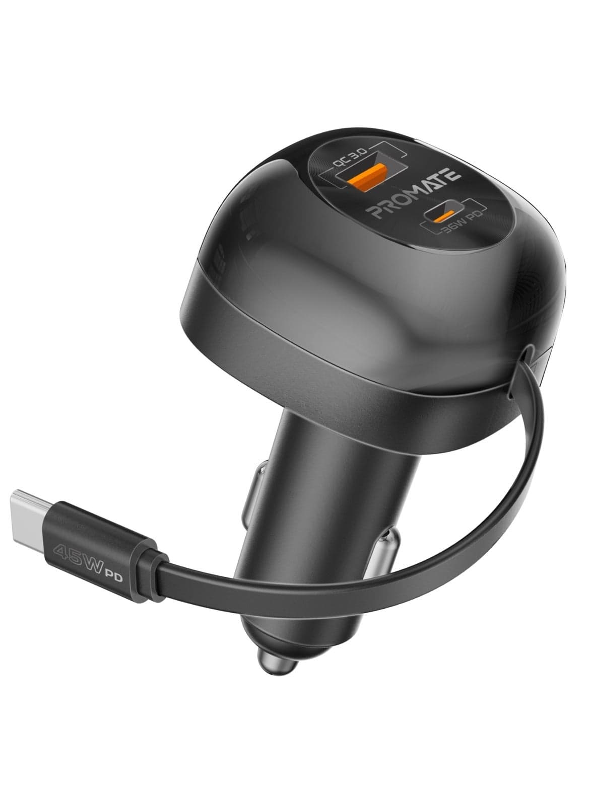Promate 62W Car Charger With 45W Retractable USB-C PD Cable, Super-Fast PD36W USB-C Port, Rapid 18W Qualcomm Quick Charge 3.0, Temperature Control, Surge and Short Circuit Protection, PowerDrive-RC65 Black
