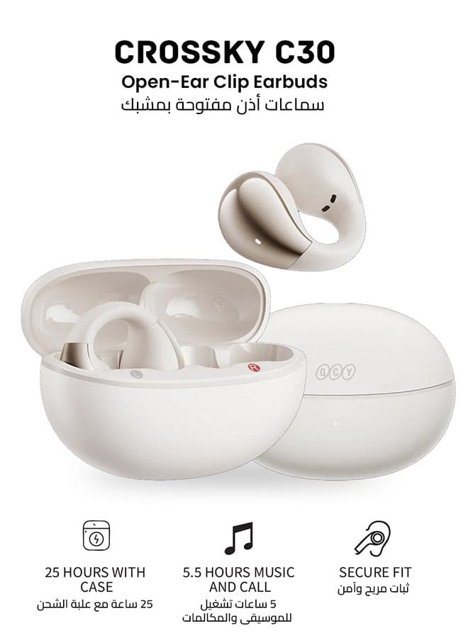 Crossky C30 Open Ear Headphones Wireless Bluetooth, Clip-On Earbuds with 4 ENC Noise Cancelling Mic, Stable Fit, Dual Connection, EQ Customized, Sports Earphones for Workout/Running White