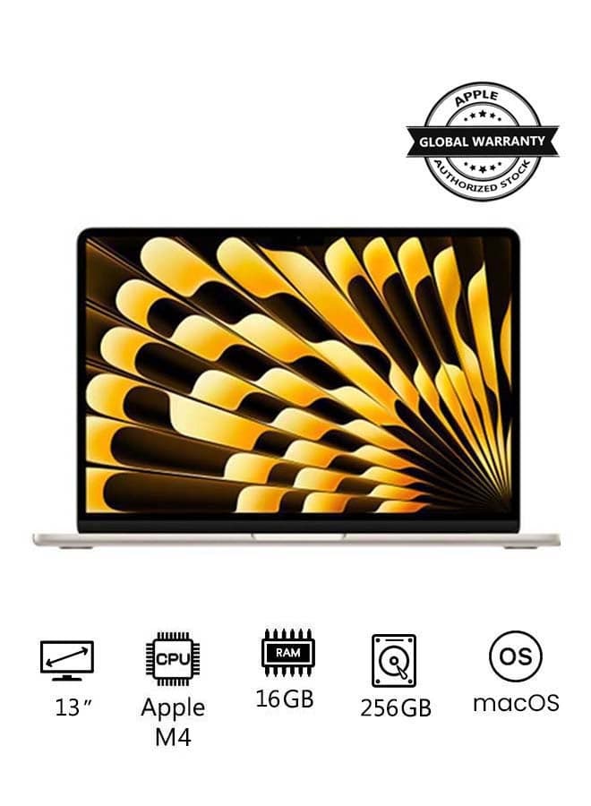 MacBook Air MW0Y3 | 13 Inch Display | Apple M4 Chip | 10-Core CPU 8-Core GPU | 16GB RAM | 256GB SSD | macOS | English Keyboard | International Version | Starlight