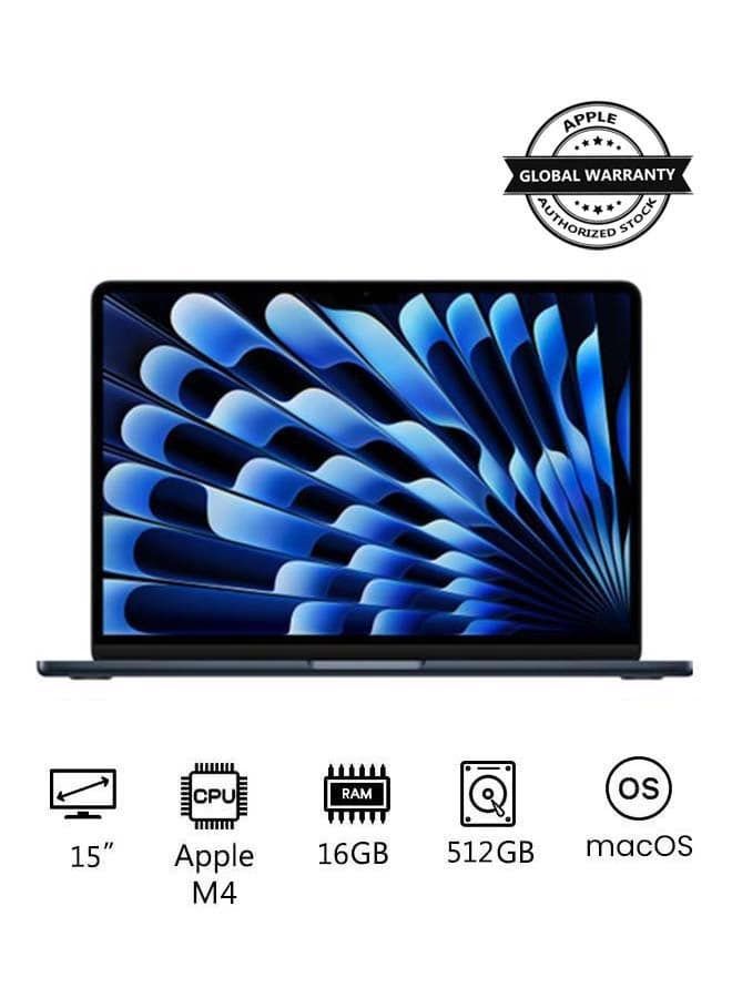 MacBook Air MC6L4 | 15 Inch Display | M4 Chip 10-Core CPU 10-Core GPU | 24GB RAM | 512GB SSD | macOS | English And Arabic Keyboard | English/Arabic Midnight