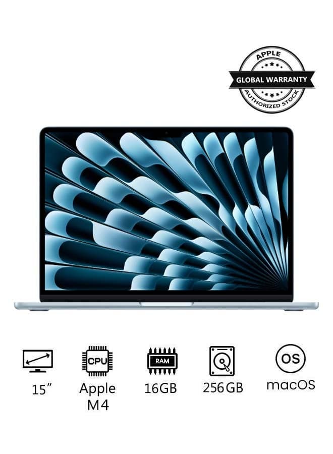 MacBook Air MC7A4 | 15 Inch Display | M4 Chip 10-Core CPU 10-Core GPU | 16GB RAM | 256GB SSD | macOS | English And Arabic Keyboard | English/Arabic Sky Blue