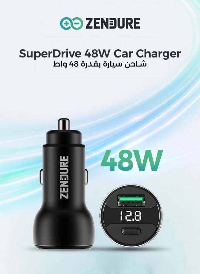 48W Car Charger SuperDrive | Dual Port Car Charger (USB-C PD + USB-A QC3.0) | Fast & Safe Car Charging Adapter for iPhone 17/16 /15/14 Series, Samsung Galaxy , iPad Pro, AirPods, Huawei and More | LED Indicator Black