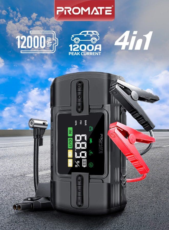 Promate Air Pump and Car Jump Starter with Multi-purpose 12000mAh Power Bank, Protection Against Reverse Polarity, Ultra-Safe 2000A Peak, USB-A and QC 3.0 Ports LED Light, 150PSI, and SOS Function for Emergencies, Home, Trips, PatrolPack-3 Black
