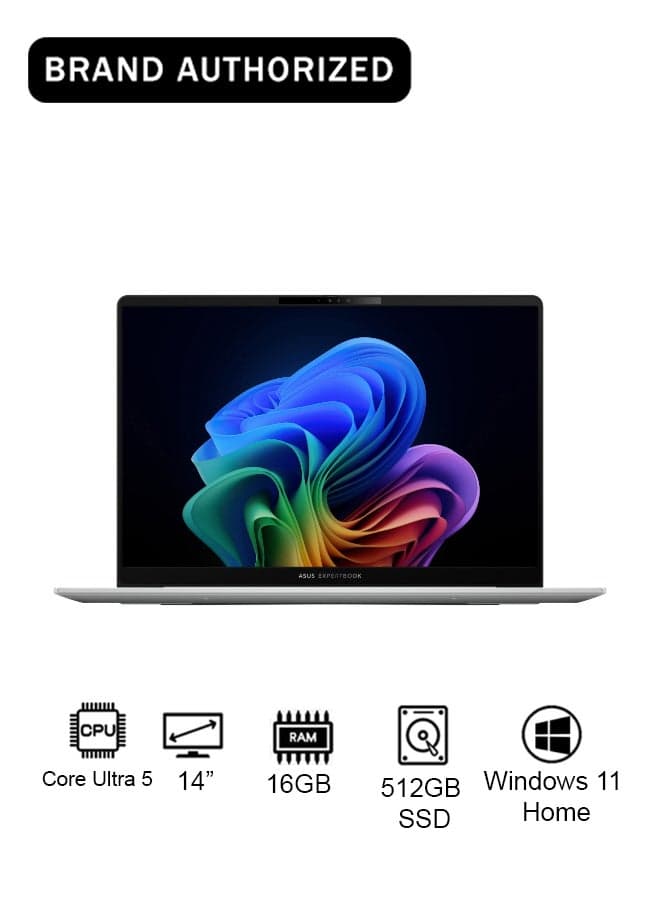 ExpertBook V5405CSA-U516512S0W Laptop With 14-Inch WQXGA Display, Core Ultra 5 Processor 226V 2.1Ghz/16GB RAM/512GB SSD/Intel Arc 130V Graphics/Windows 11 Home English Platinum Silver