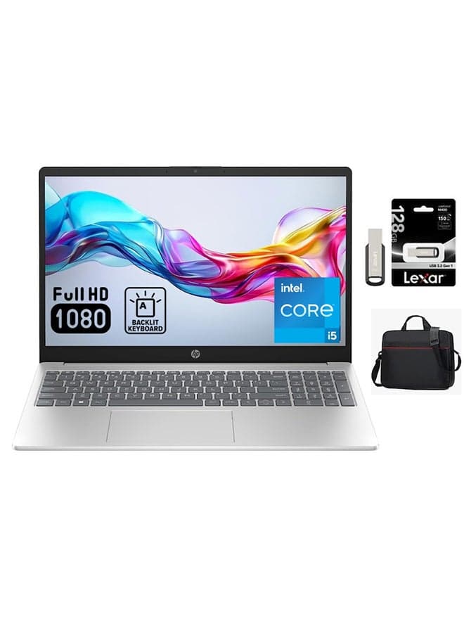 (Upgraded Version) Laptop With 15.6-Inch FHD Display, Core i5-1334U Processor/16GB RAM/512GB SSD/Intel Iris XE Graphics/Windows 11 + Lexar 128GB USB 3.2 Gen 1 D400+ Free Laptop Bag Arabic silver Arabic silver