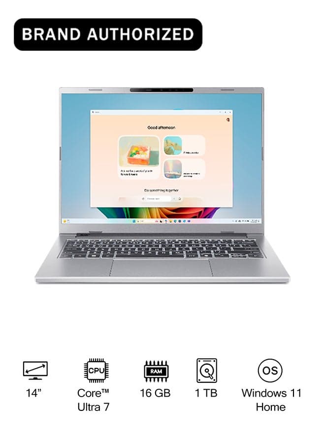 Aspire A14 AI Laptop With 14-Inch WUXGA Display, Core Ultra 7-256V Processor/16GB RAM/1TB SSD/Intel Arc 140V Graphics/Windows 11 Home English Pure Silver
