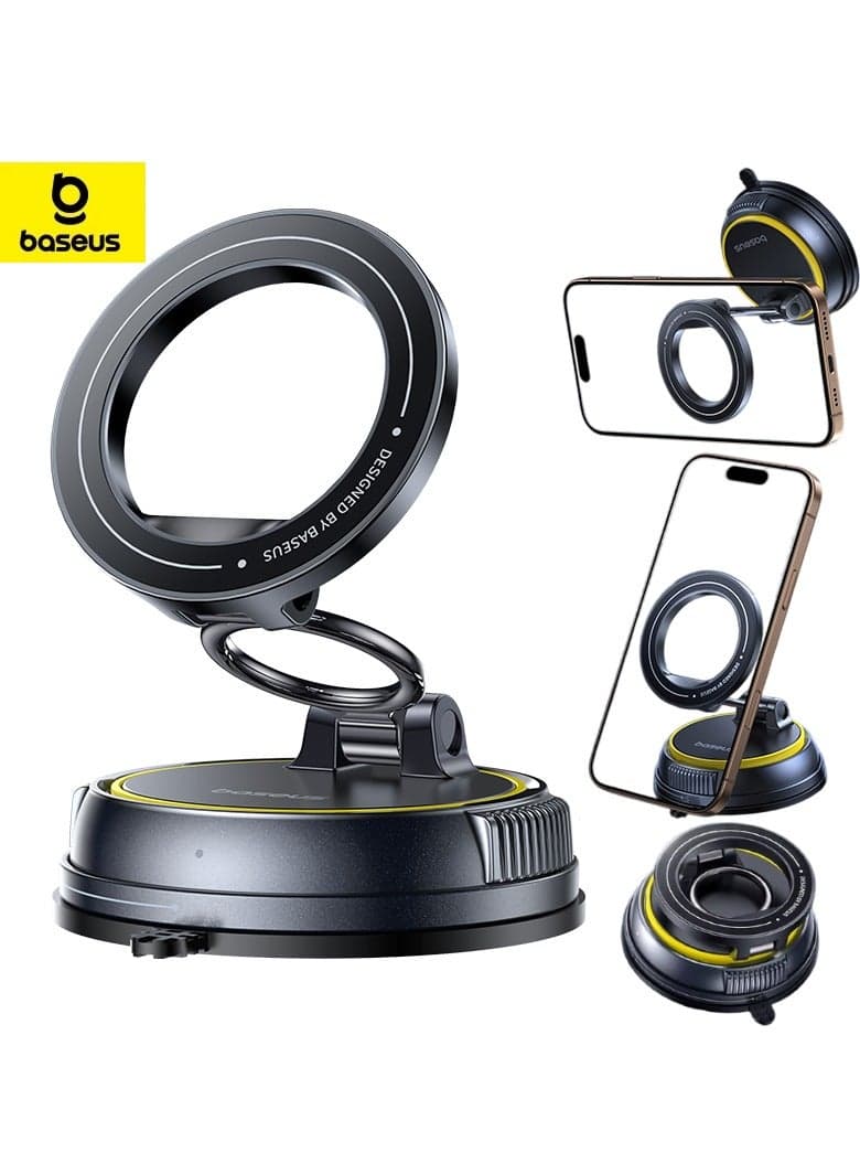 MagSafe and Magnetic Car Mount Holder with 35N Strong Grip, 720 Degree 3 Axis Adjustment, 360 Degree Swivel, Vacuum Suction Base for Clean Flat Surfaces, Ideal for Car Dashboards, Windshields, Tesla Displays, Mirrors, Airplane Trays, Hotel Desks, Office Workstations, Compatible with iPhone 16, Samsung S25, and All Smartphones and Tablets Cosmic Black