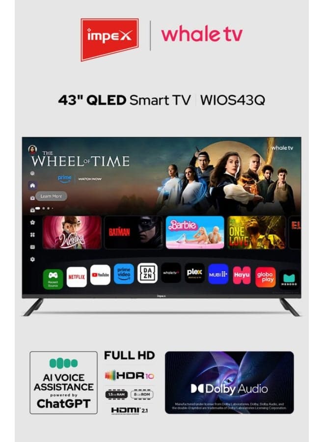 43 Inch QLED FHD Smart TV (Wios43Q) | Television, AI Voice Assistant with ChatGPT | 8GB ROM, 1GB RAM | Netflix, YouTube, Prime | A+ Panel | HDMI, USB, RJ45 | 2-Year Warranty Wios43Q black