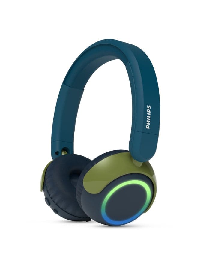 TAK4200CT Kids Wireless On-Ear Headphones with Mic, 85dB safe Volume, 45H Playtime, Colorful LED Earcups, Bluetooth 5.4, Foldable & Durable, USB-C Charging Cable, Over-Ear Headset for Online Learning, School, Travel, Play (Chrystal Teal) Chrystal Teal