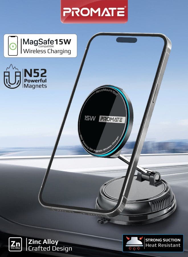 RevoMount 15W Fast Wireless Charger Mount, MagSafe-Compatibility, Magnetic Car Phone Holder with 360° Rotation, 16N Strong Grip, Dual USB-C, Foldable Design, Durable Zinc Alloy, ABS PC Material for iPhone 17/17 Pro Max, Samsung S26 Ultra & Smartphones - Black Black