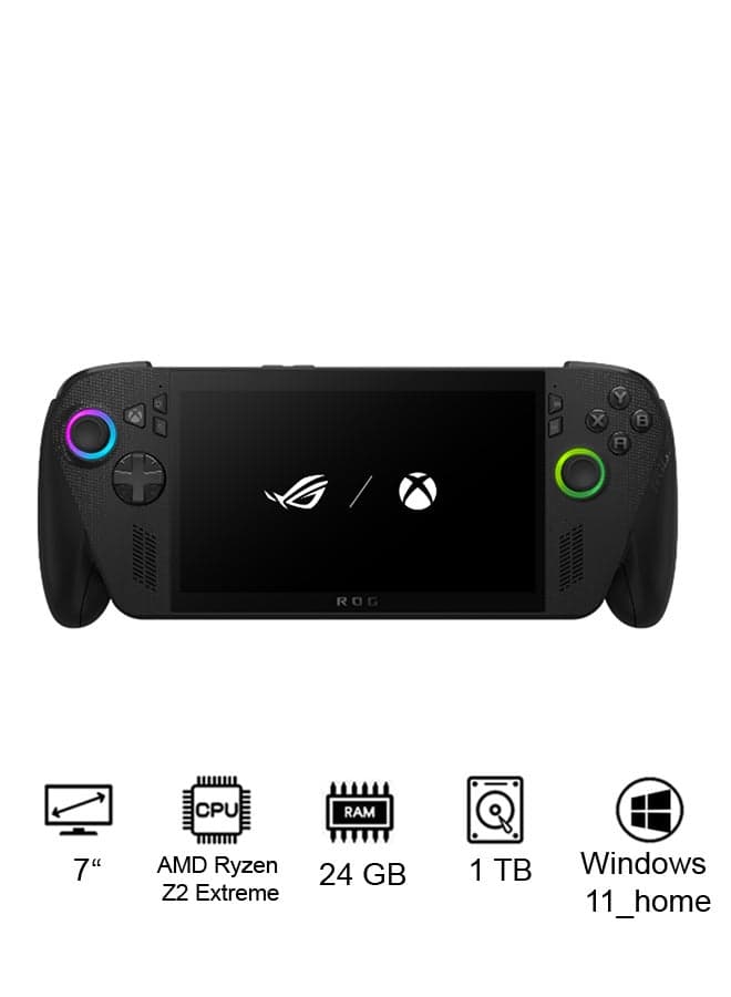 ROG Ally X XBOX Gaming Console With 7 Inch Full HD(1920X1080) Display 120Hz, AMD Ryzen Z2 Extreme Processor/24GB RAM DDR5/1TB SSD/AMD Radeon Graphics/Windows 11 Home/Dolby Speaker TYPE C & Finger Print Sensor/ English/Arabic Black