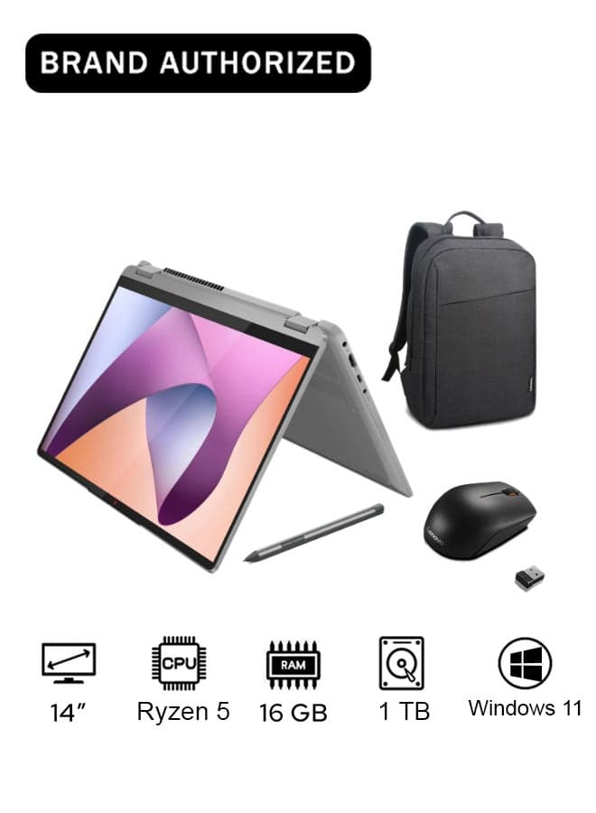 IdeaPad Flex 5 14ABR8 Laptop With 14-Inch WUXGA (1920x1200) IPS Display, AMD Ryzen 5 5625U Processor/16GB RAM/ 1TB SSD/AMD Radeon Graphics/Windows 11With Backpack+mouse English/Arabic Arctic Grey