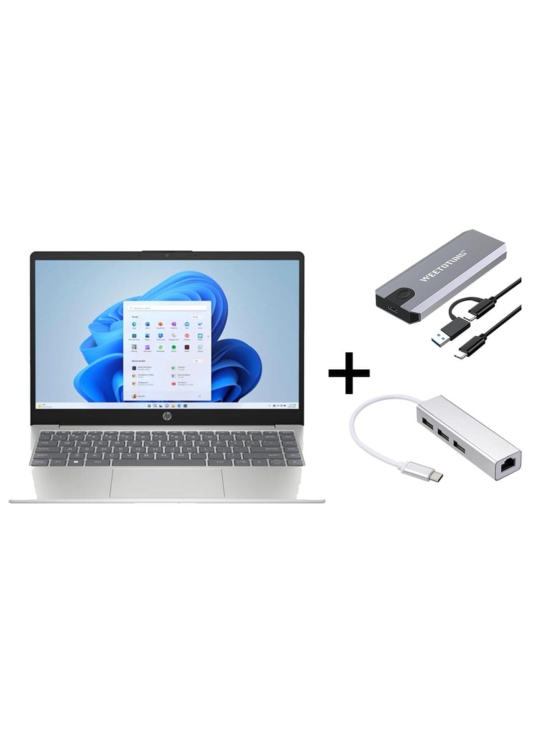 14s Laptop With 14-Inch Diagonal FHD Display, Core i3-1215U Processor/16GB RAM/512GB SSD/Intel UHD Graphics/Windows 11 English/Arabic Natural silver With 128GB external drive +Type-C to USB Hub English Natural silver