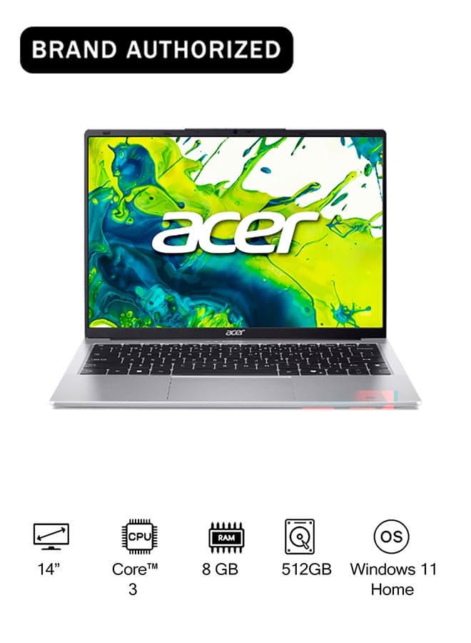 Aspire Lite AL14 Laptop with 14th Gen Intel Core 3-N355 Octa Cores Upto 3.9GHz/8GB LPDDR5 RAM/512GB SSD Storage/Intel Graphics/14" WUXGA IPS SlimBezel Display/WiFi-6/Win 11 Home silver