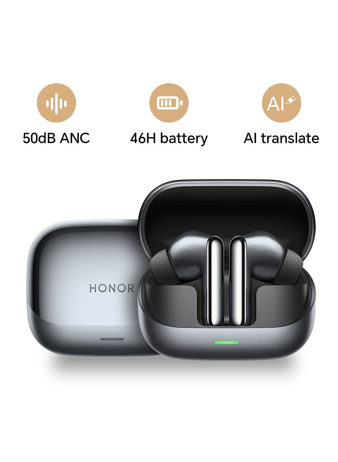 HONOR Earbuds 4 with AI Translation, 50dB Adaptive ANC, 46H Battery Life, Dual Drivers(11mm+6mm), 3-Mic AI Call Noise Reduction, IP54 Water Resistant, Starlit Black