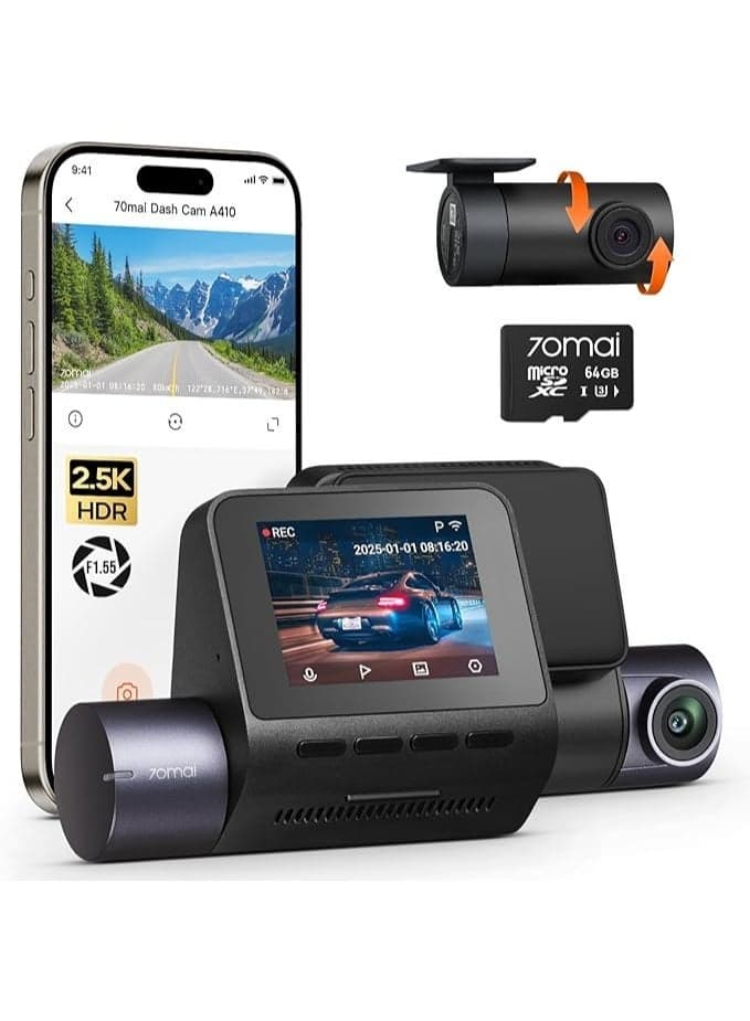 Dash Cam A410 2.5K HDR Dual with GPS, Emergency Record, G-Sensor, App Control and Compact Design
