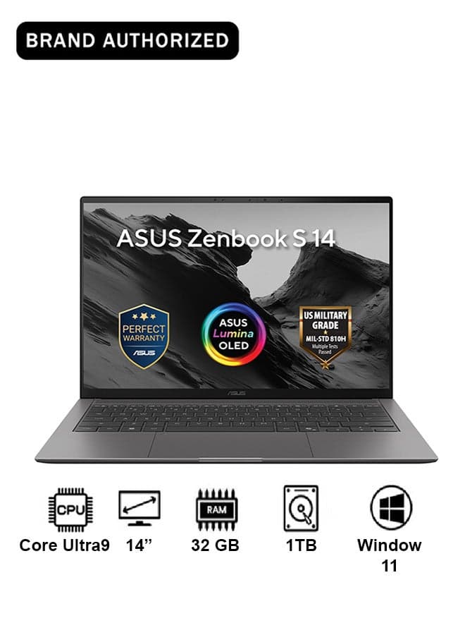 Zenbook S 14 Laptop With 14-Inch Display, Core Ultra 9 Processor/32GB RAM/1TB PCIE G4 SSD/Intel UMA Graphics/Windows 11 Home/ Gray