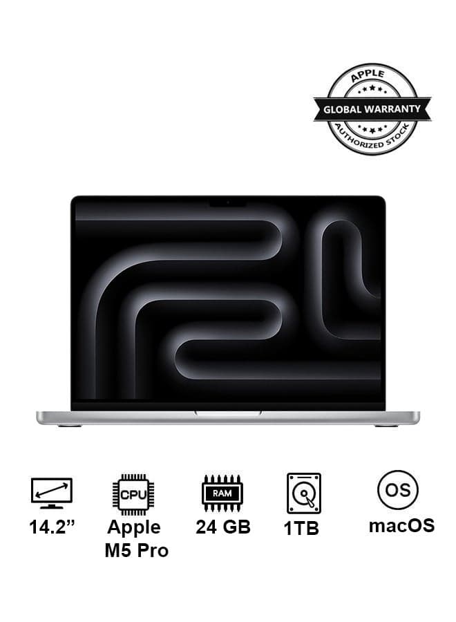 New 2026 MacBook Pro MGDN4 | 14.2 Inch Display | M5 Pro Chip 15-Core CPU 16-Core GPU | 24GB RAM | 1TB SSD | macOS | English And Arabic Keyboard | English/Arabic Silver