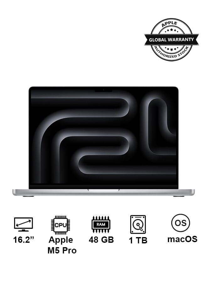 New 2026 MacBook Pro MGE64 | 16.2 Inch Display | Apple M5 Pro Chip 18-Core CPU 20-Core GPU | 48GB RAM | 1TB SSD | macOS | English And Arabic Keyboard | Silver