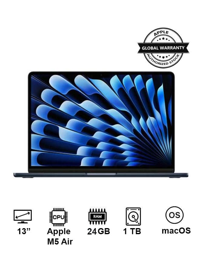 New 2026 MacBook Air MDHG4 | 13 Inch Display | Apple M5 Air | 10-Core CPU 10-Core GPU | 24GB RAM | 1TB SSD | macOS | English Keyboard | Midnight