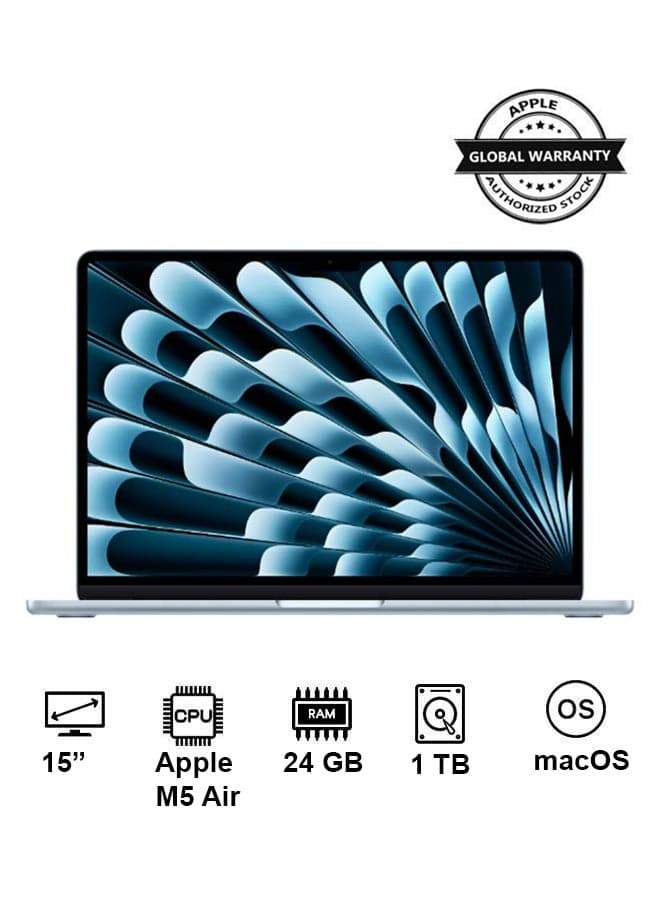 New 2026 MacBook Air MDVU4 | 15 Inch Display | M5 Air 10-Core CPU 10-Core GPU | 24GB RAM | 1TB SSD | macOS | English Keyboard | Sky Blue