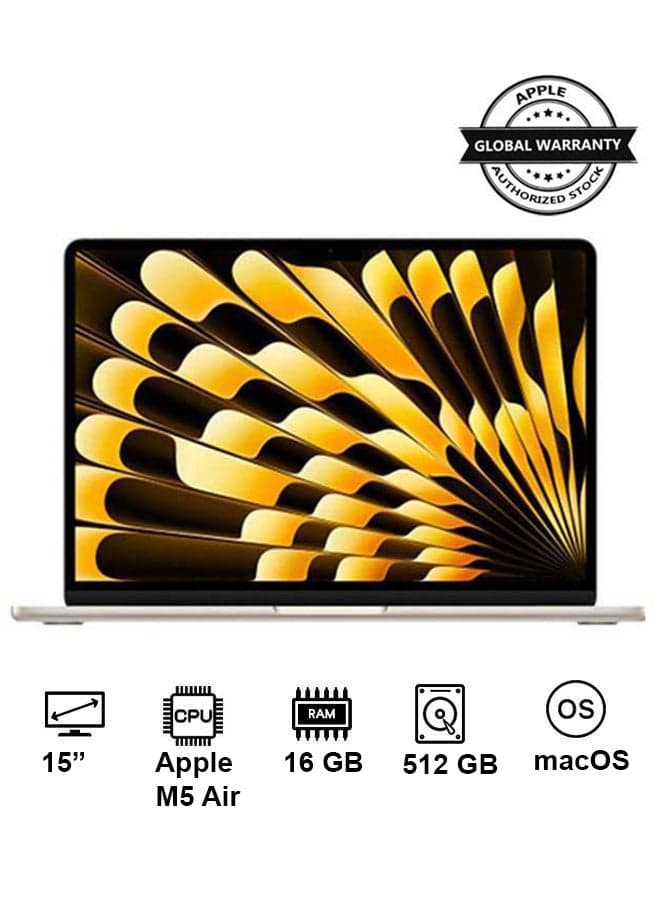 New 2026 MacBook Air MDVD4 | 15 Inch Display | Apple M5 Air | 10-Core CPU 10-Core GPU | 16GB RAM | 512GB SSD | macOS | English And Arabic Keyboard | English/Arabic Starlight