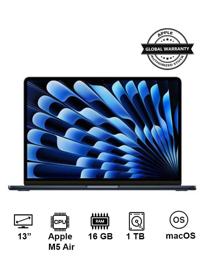 New 2026 MacBook Air MDHF4 | 13 Inch Display | Apple M5 Air | 10-Core CPU 10-Core GPU | 16GB RAM | 1TB SSD | macOS | English And Arabic Keyboard | English/Arabic Midnight