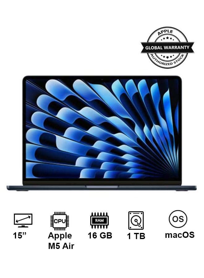 New 2026 MacBook Air MDVK4 | 15 Inch Display | Apple M5 Air | 10-Core CPU 10-Core GPU | 16GB RAM | 1TB SSD | macOS | English And Arabic Keyboard | English/Arabic Midnight