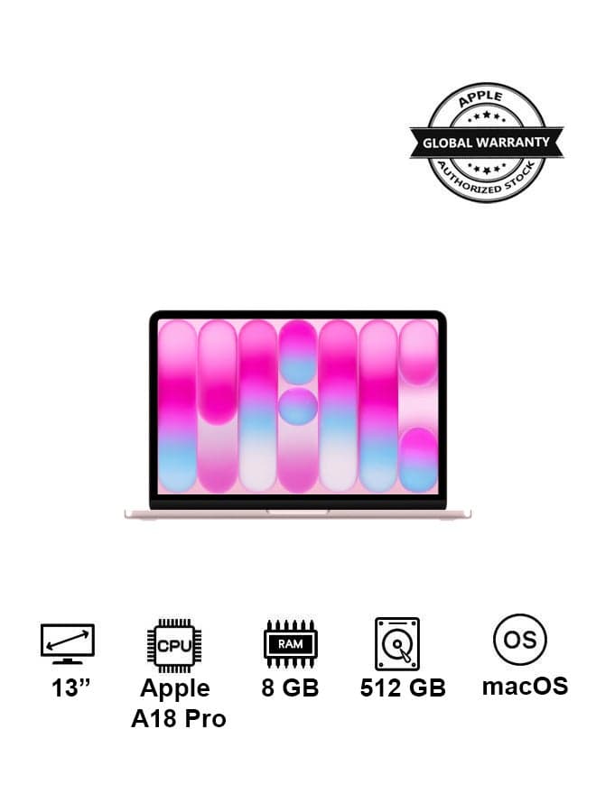 MacBook Neo | 13-Inch Display | A18 Pro, 6-core CPU, 5-core GPU, 16-core Neural Engine Processor | 8GB RAM | 512GB SSD| English And Arabic Keyboard | Blush
