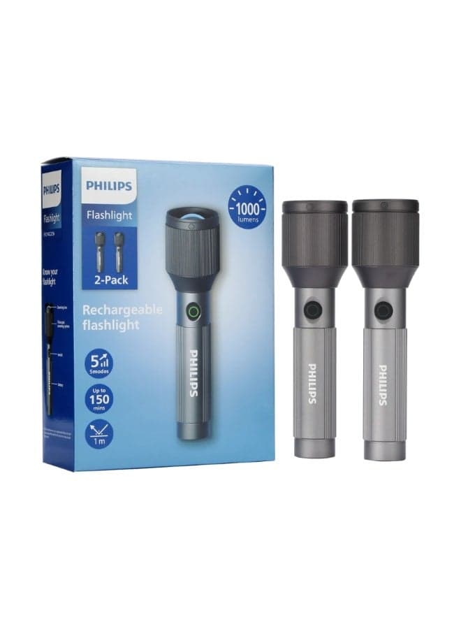 PHILIPS Rechargeable LED Flashlight Torch Pack of 2 | 650 Lumens Brightness | Aircraft Aluminium Alloy Body | Zoom Adjustable Beam 450m Range | 2000mAh Battery | Model SFL2142C2/56 | 2 Year Warranty GREY