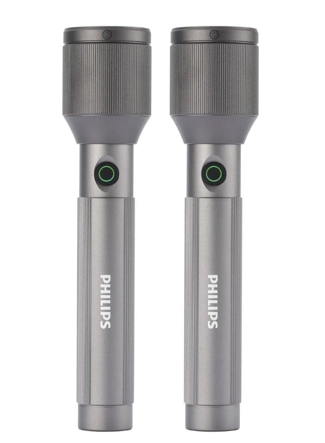 Pack of 2 Rechargeable LED Flashlight | 650 Lumens | 450m Long Range Torch | 3000mAh Battery | USB Type-C Charging | SOS & Strobe | Durable Aluminium Tactical Light SFL2243/56 grey