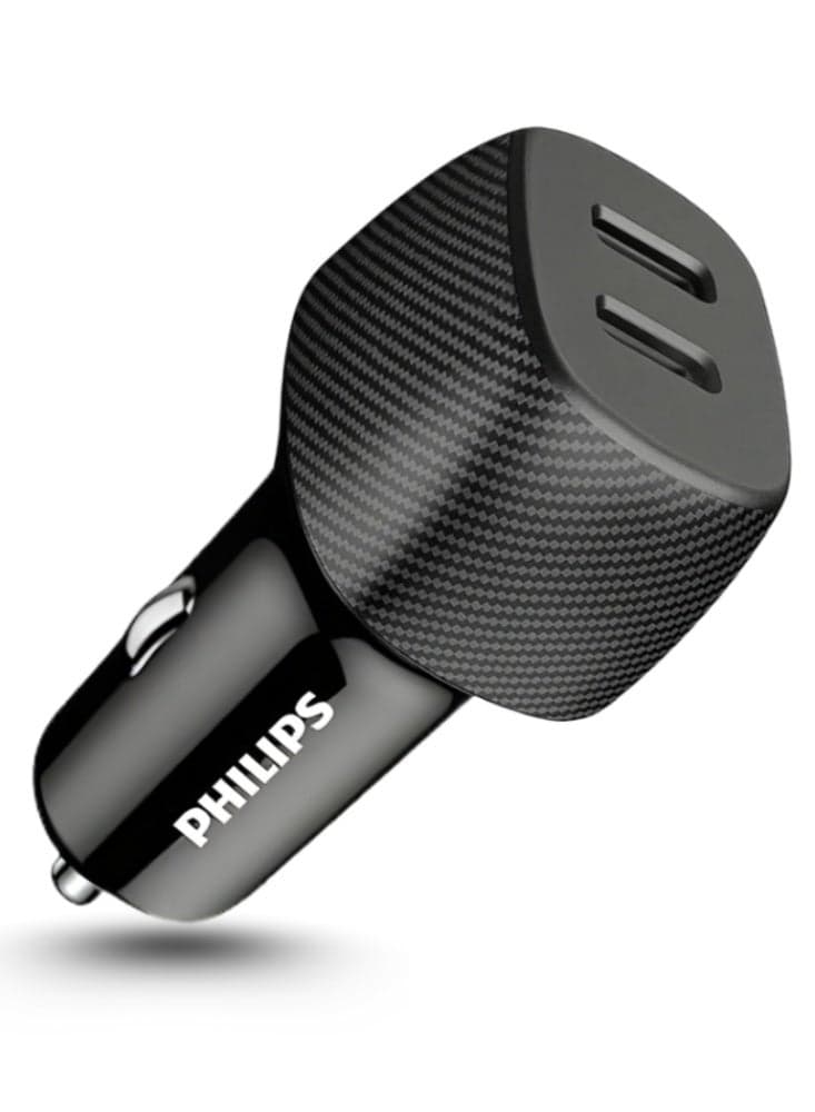 60W Car Charger Dual USB-C (DLP5522C/00) – Fast Charging PD Adapter, Dual Port, Smart Protection – Black