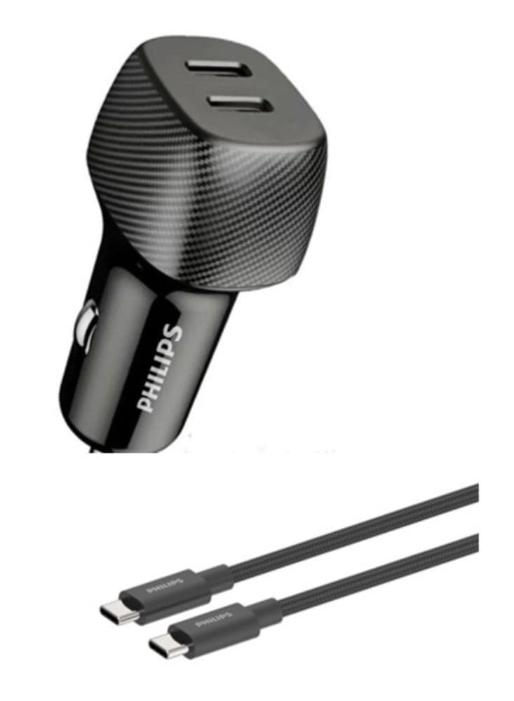 Car Charger With C Type Cable 60W Dual USB-C Car Charger (DLP5522CC/00) – Fast Charging Adapter with USB-C to USB-C Cable, PD Output, Dual Port – Black