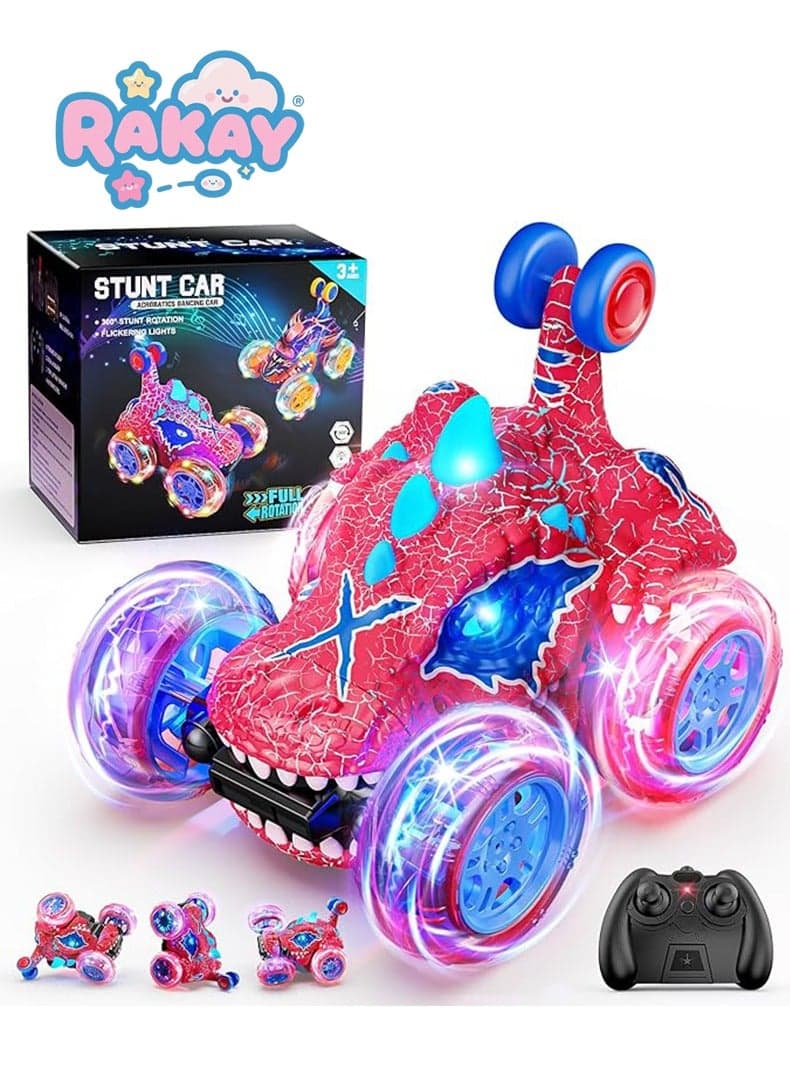 Carsky Remote Control Car RC Cars for Boy 360°Stunt Rotation 4WD Remote Cars for Kids 3-6 Double Sided Dinosaur Toy with Lights,2.4GHz Electric Toy Car,Easter Birthday Gift for 3 4 5 6 Year Old Boy