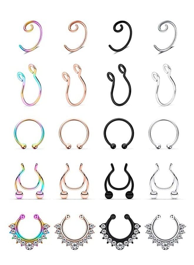 Fake Septum Nose Hoop Rings Stainless Steel Faux Lip Ear Nose Septum Ring Non Piercing Clip On Nose Hoop Rings Body Piercing Jewelry 20PCS