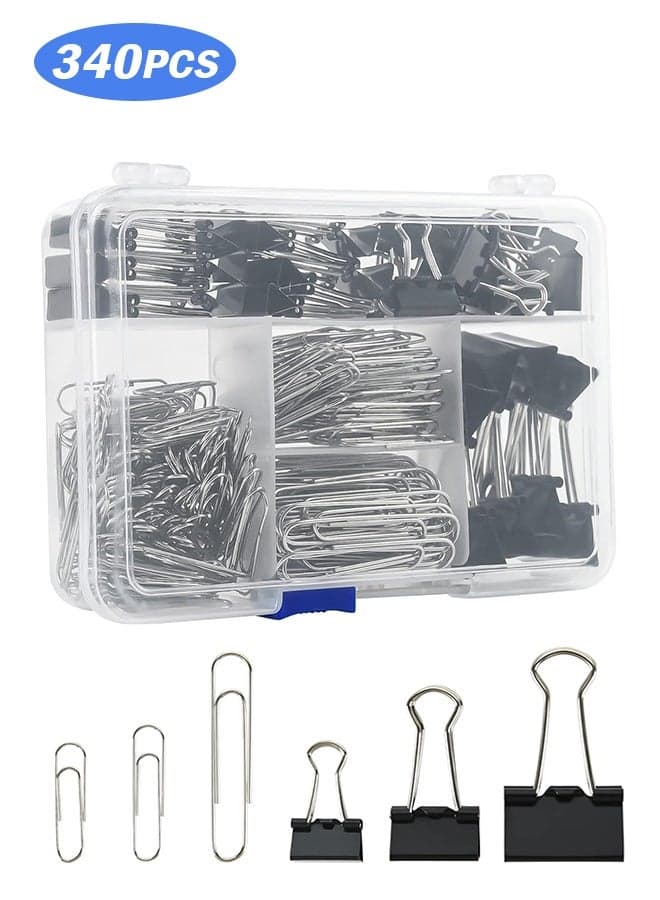 Assorted Size Binder Clips & Jumbo Paper Clips Set - 340pcs Black, Large for Office & School Supplies, in Container with Compartments