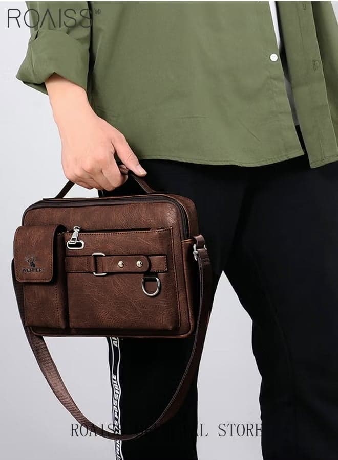 Business Messenger Shoulder Bag PU Leather Retro Chic Handbag Casual Portable Zipper Crossbody Shoulder Bag Husband Gift for Men Travel Work Office Multi-pocket Large Capacity Handbag