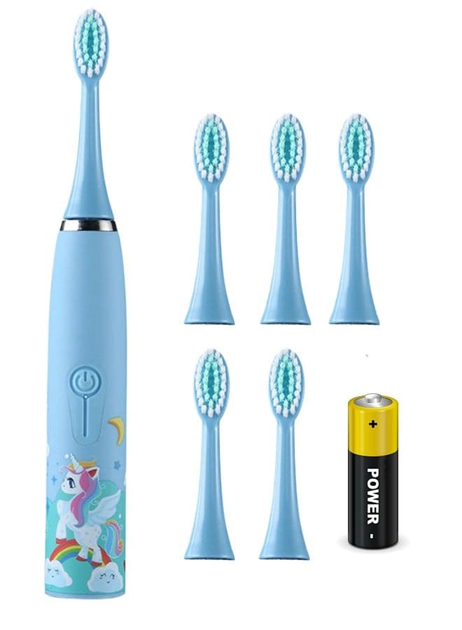 Kids Battery Powered Toothbrush, Children Sonic Toothbrushes with 6 Brush Heads, Unicorn, Blue
