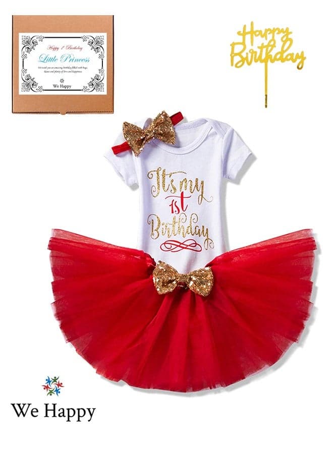 4 Pieces Its My 1st Birthday Costume Princess Theme Dressing up Toy Baby Girl Party Fancy Wear with Tutu Skirt, Cake Topper and Floral Headband