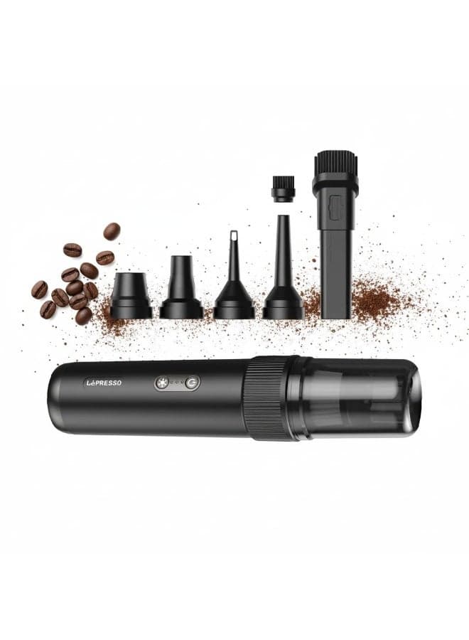 Espresso Vacuum, Portable Vacuum Cleaner with Multiple Attachments, 17min Runtime, Portable Vacuum with Flash Light & Blower Function, 15,000Pa Suction, Vacuum Cleaner for Coffee, Dust etc., Suitable for Café - Black