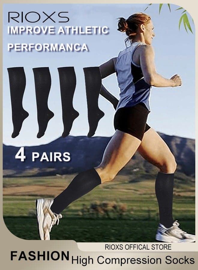4 Pairs High Compression Socks for Mens and Womens Support Circulation Recovery Athletic Fit Running Splints Flight Travel Boost Endurance Protection Achilles Tendon