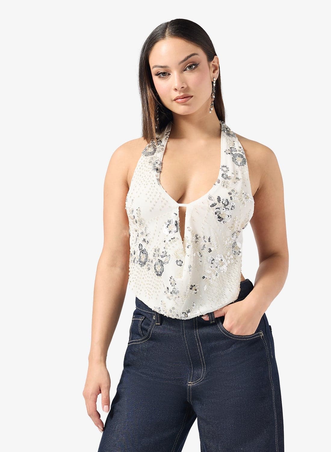 Halter Neck Sequin Embellished Top