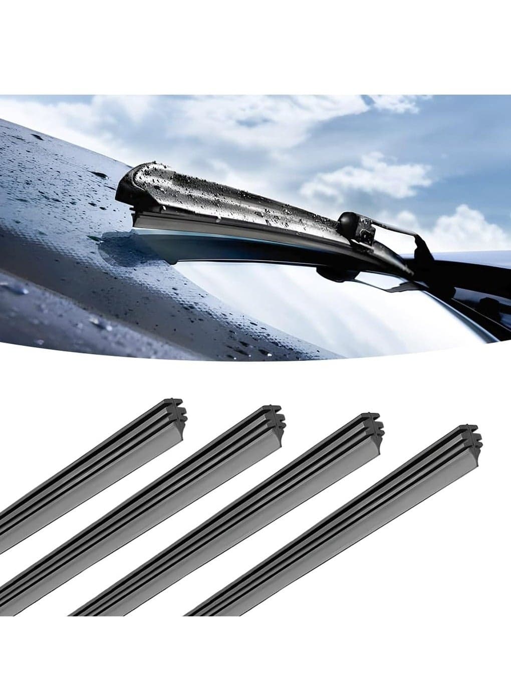 4PCS Car Windshield Wiper Blade Strips, DIY Silicone Car Frameless Window Boneless Replacement Refills, Auto Adjustable Insert Rubber Wiper Blade Refills, Universal for SUV Truck Van