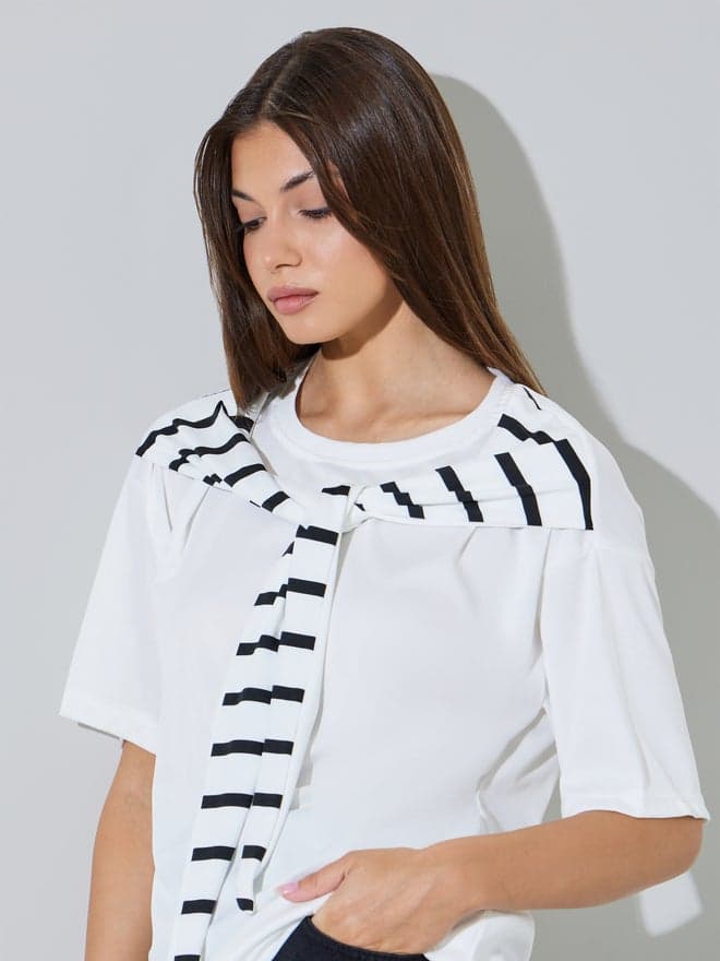 Styli White Oversized Knit Top with Tie-Striped Detail