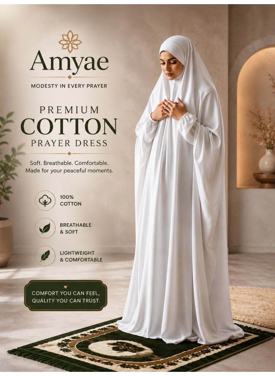 One Piece Islamic prayer dress women with long sleeve - Prayer Clothes for Women - Namaz Prayer Dress Abaya For women - Jilbab 1 piece, Umrah essentials for women - Prayer set Salah Dress, Namaz Wear White Color