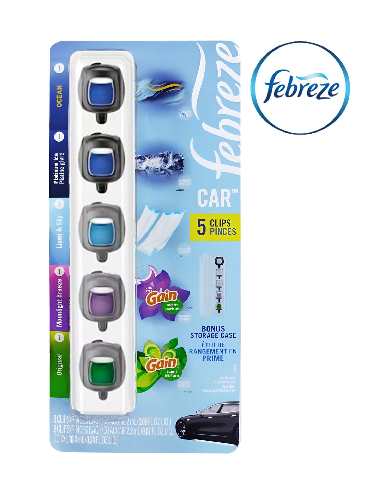 Car Air Freshener 5-Pack vent clips with bonus storage case - 5 Different scents (2ml x 5) original & Moonlight breeze gain scent +Linen & sky +Platinum Ice & Ocean Scent