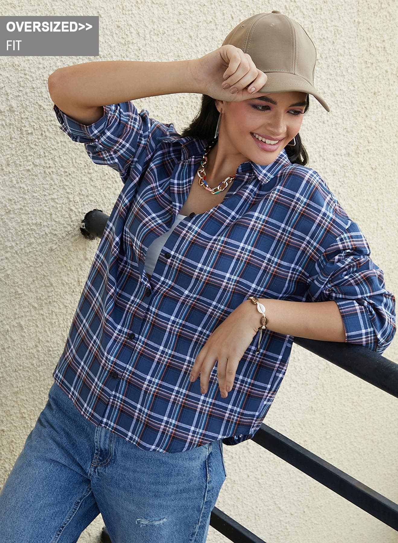 Women's Navy Blue Tartan Plaid Oversized Shirt