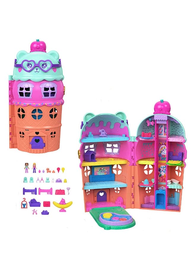 Micro Dolls & Large Gelato House Playset, Ice Cream Bear Theme With 25+ Accessories Including Furniture, Food, And Pets