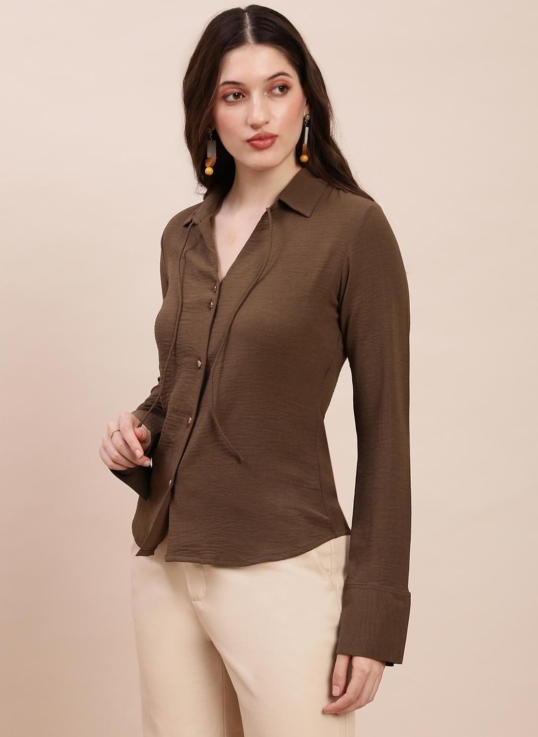 Globus Women Brown Collared Neck Cuffed Sleeves Self Design Tie-Up Detail Curved Hem Workwear Shirt