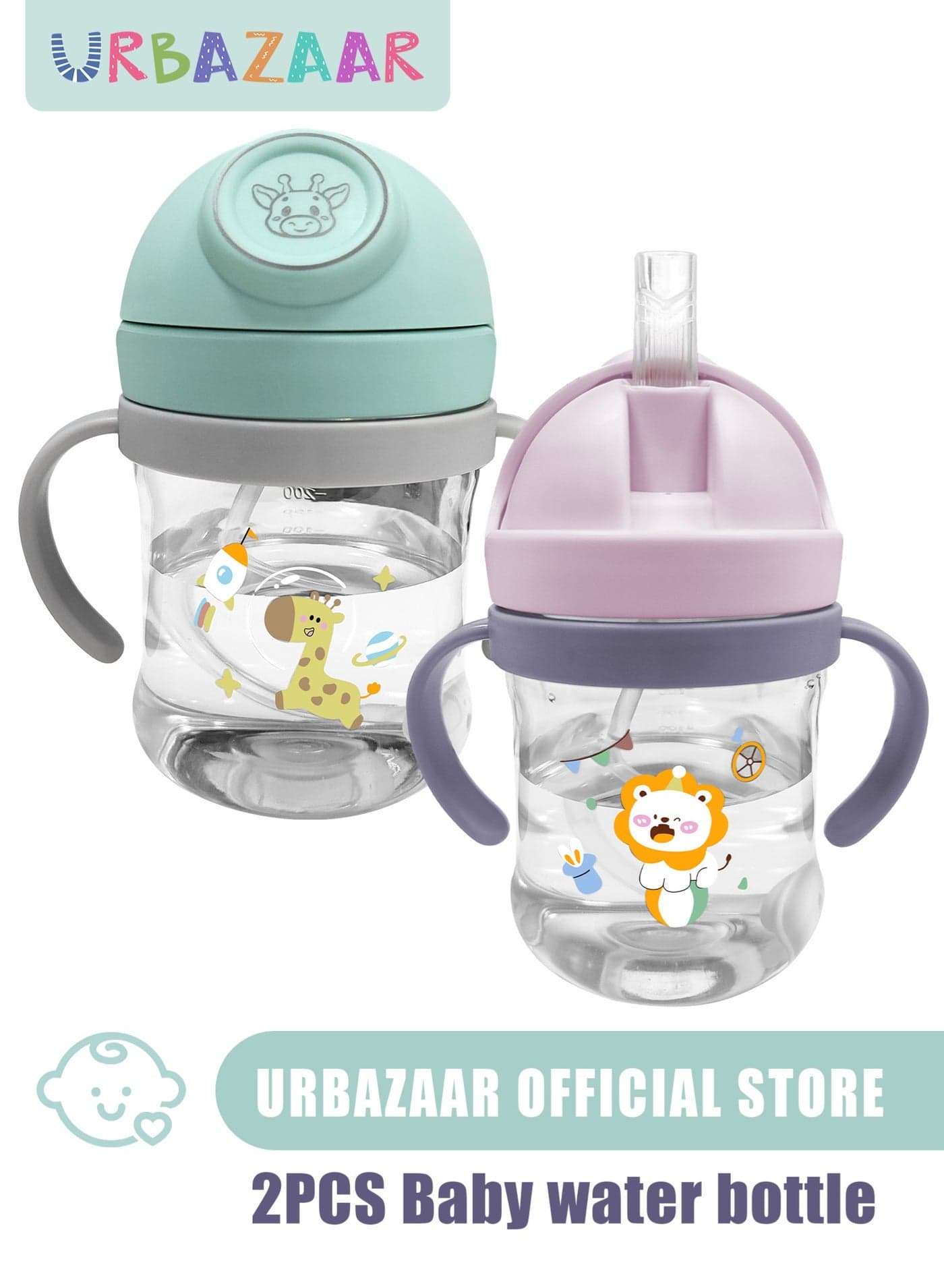 2-Pcs Baby Sippy Cups For 6 Months +, 250ml Baby Cup with Weighted Straw and Easy Grip Handles, Kids Water Bottle with Simple Flip Lid, 360 Degree Spill Proof Toddler Cup(345ml when full)